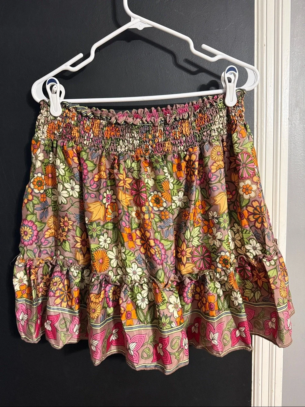 Zury Silk Blend Floral Tiered Tassel Mini Skirt Size: Free Size Length: 17”